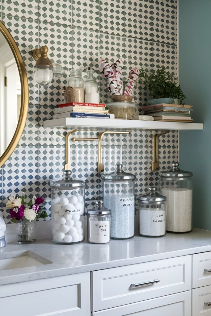 Bathroom countertop or shelf lined with coordinated glass jars storing cotton balls, bath salts, and hair ties for a clean look