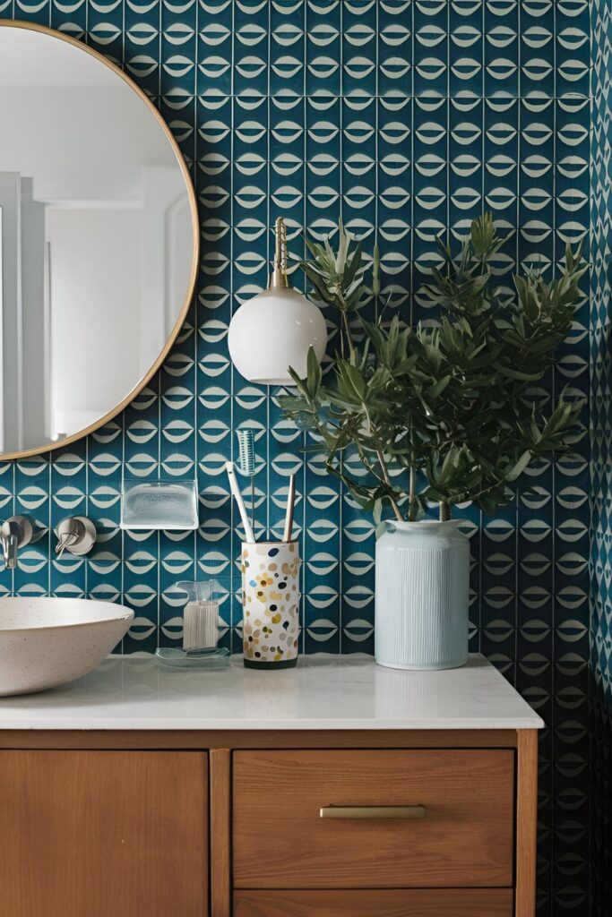 Bathroom featuring a stylish toothbrush holder made of ceramic, glass, or metal with a unique design