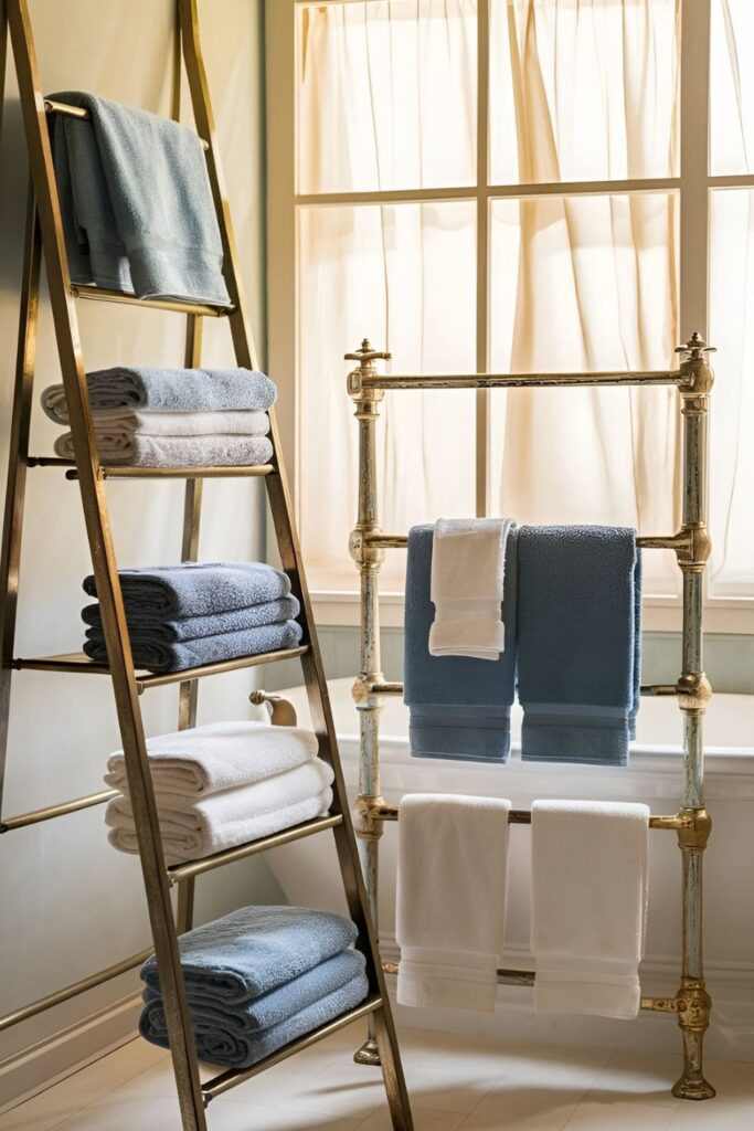 Bathroom showcasing ladder-style towel racks and a vintage-inspired rail with neatly folded and hanging towels