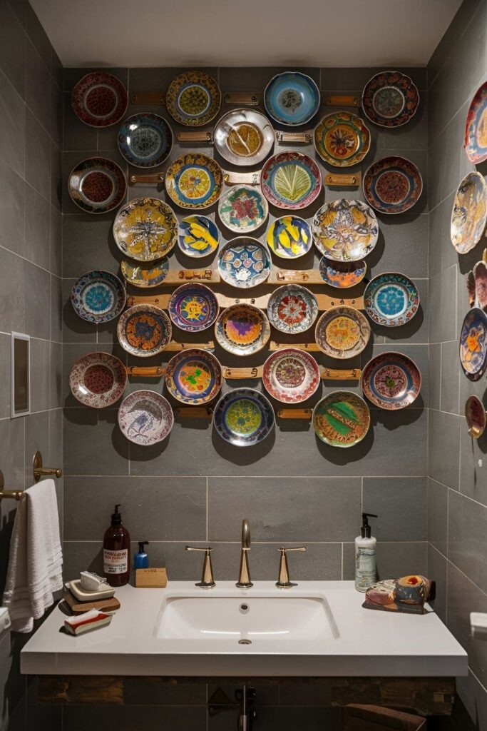 Bathroom wall adorned with colorful ceramic plates, each with intricate, hand-painted designs