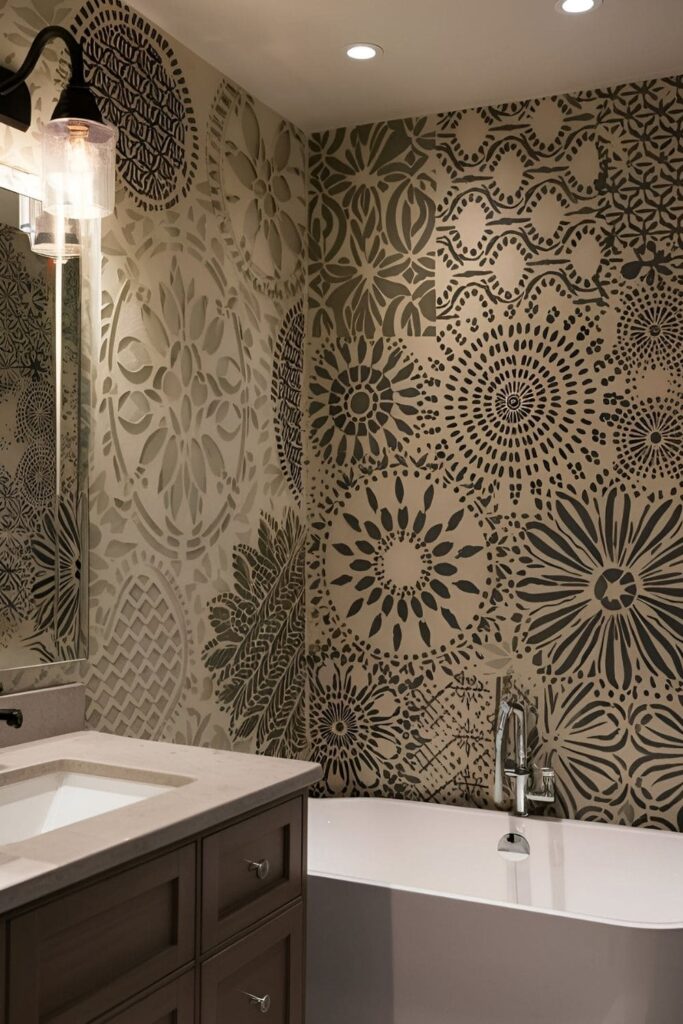 Bathroom walls featuring custom patterns created with wall stencils, offering a DIY look