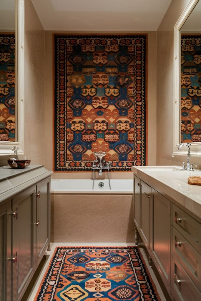 Bathroom with a colorful, patterned accent rug on the floor, adding warmth and character to the space