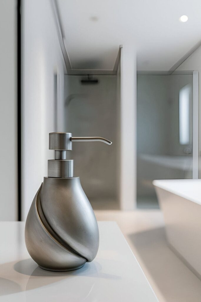 Bathroom with a decorative soap pump matching the decor theme, adding an elegant touch