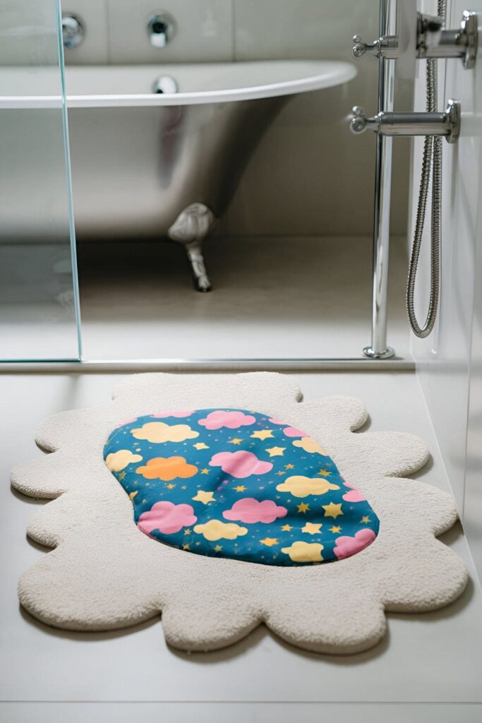 Bathroom with a playful shower mat in a fun design or texture, such as a fluffy cloud shape or vibrant pattern