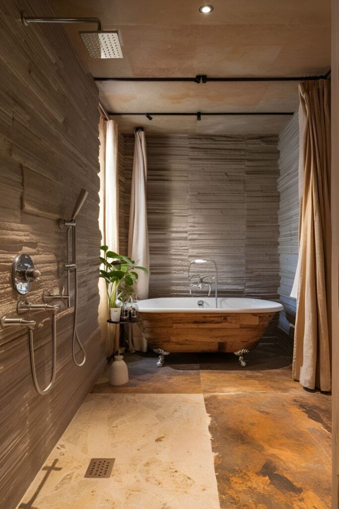 Bathroom with eco-friendly fixtures like water-saving faucets and recycled materials, complemented by sustainable textiles