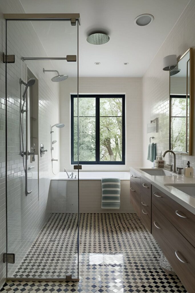 Bathroom with frameless glass shower doors, allowing natural light and giving the room a spacious feel