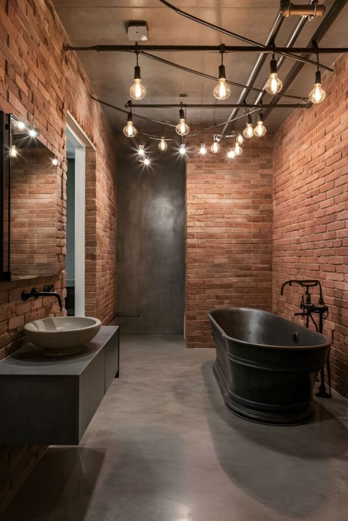 Bathroom with industrial-style fixtures, including exposed pipes and Edison bulb lighting, creating an urban aesthetic