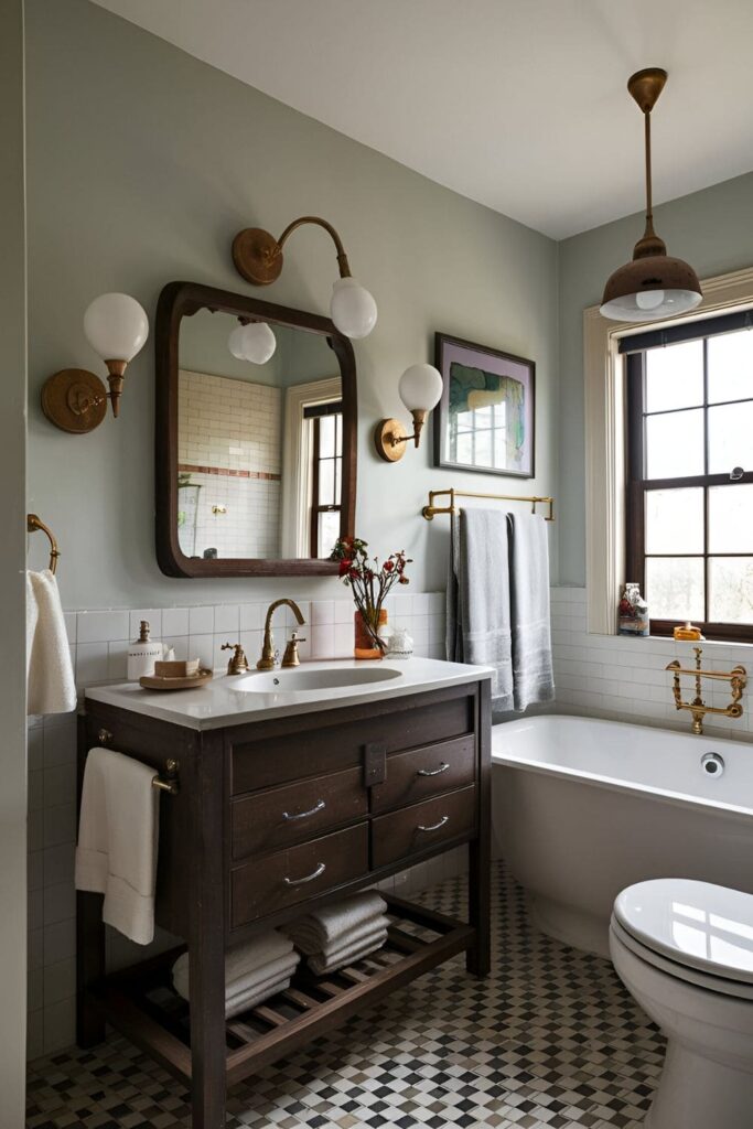 Bathroom with vintage touches like an antique vanity, retro light fixtures, and vintage-inspired accessories