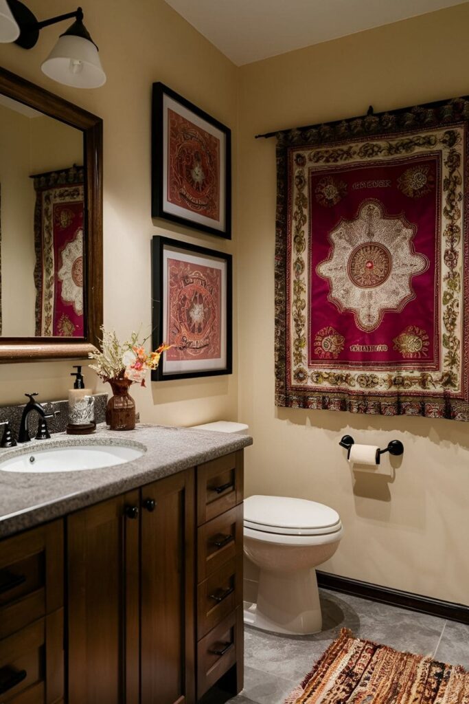 Bohemian-style framed tapestries in rich colors hanging on a bathroom wall, adding texture