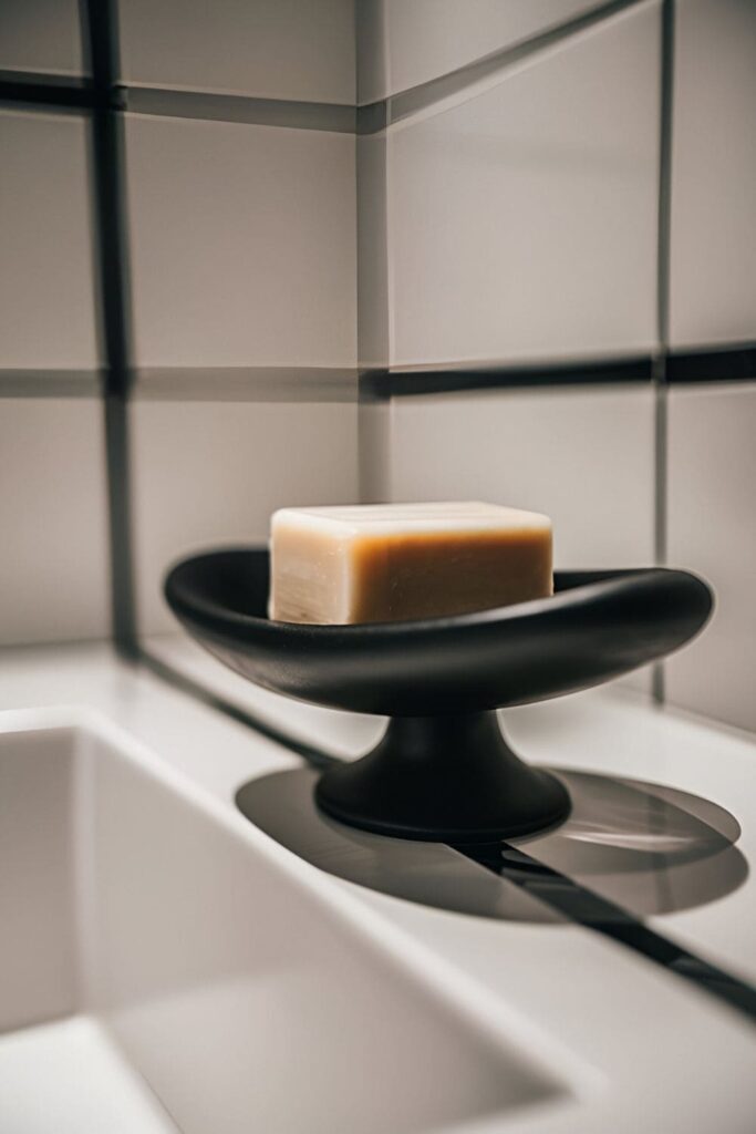 Close-up of a sleek black soap dish in a minimalist bathroom, holding a bar of soap with white tiles in the background