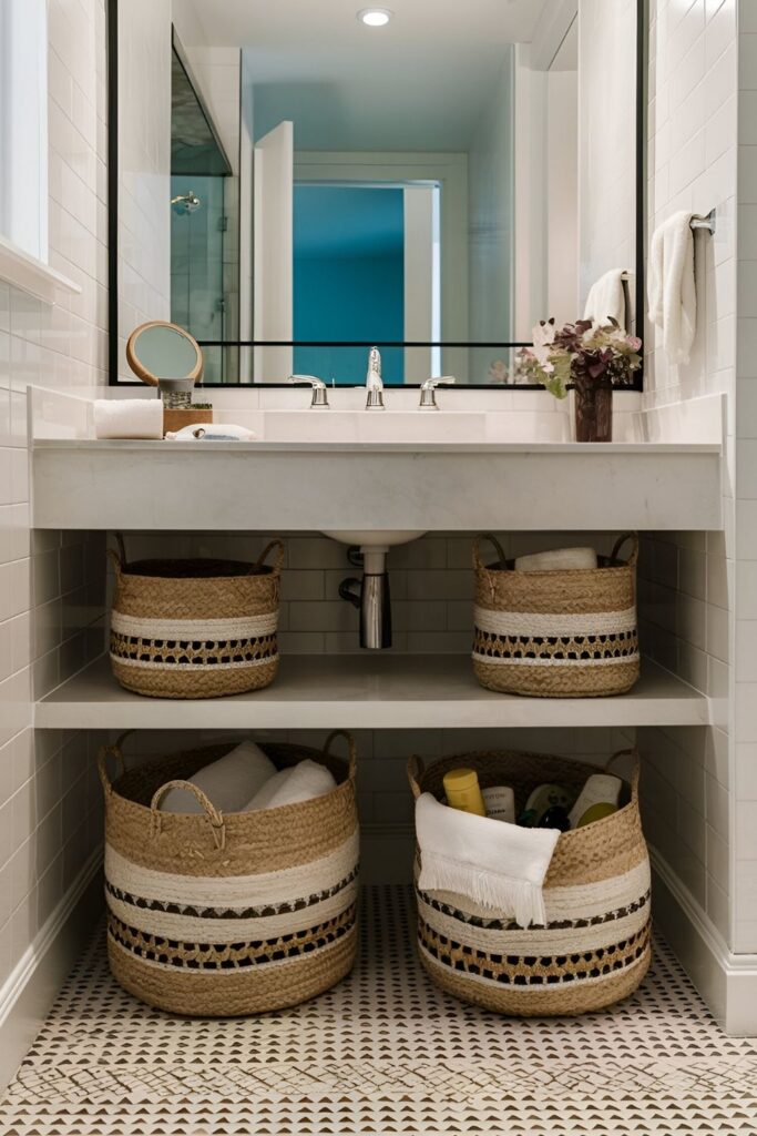 Coordinated storage baskets in a bathroom, placed under the sink or on shelves, used to organize towels, toiletries, and laundry