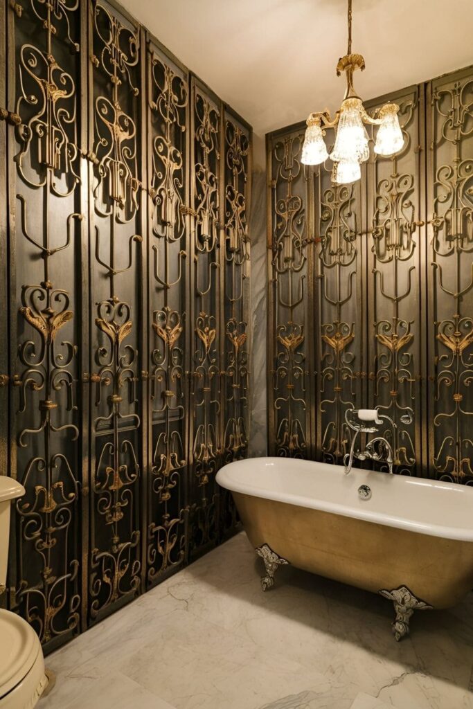 Decorative metal grilles with intricate patterns displayed on a bathroom wall for a vintage look