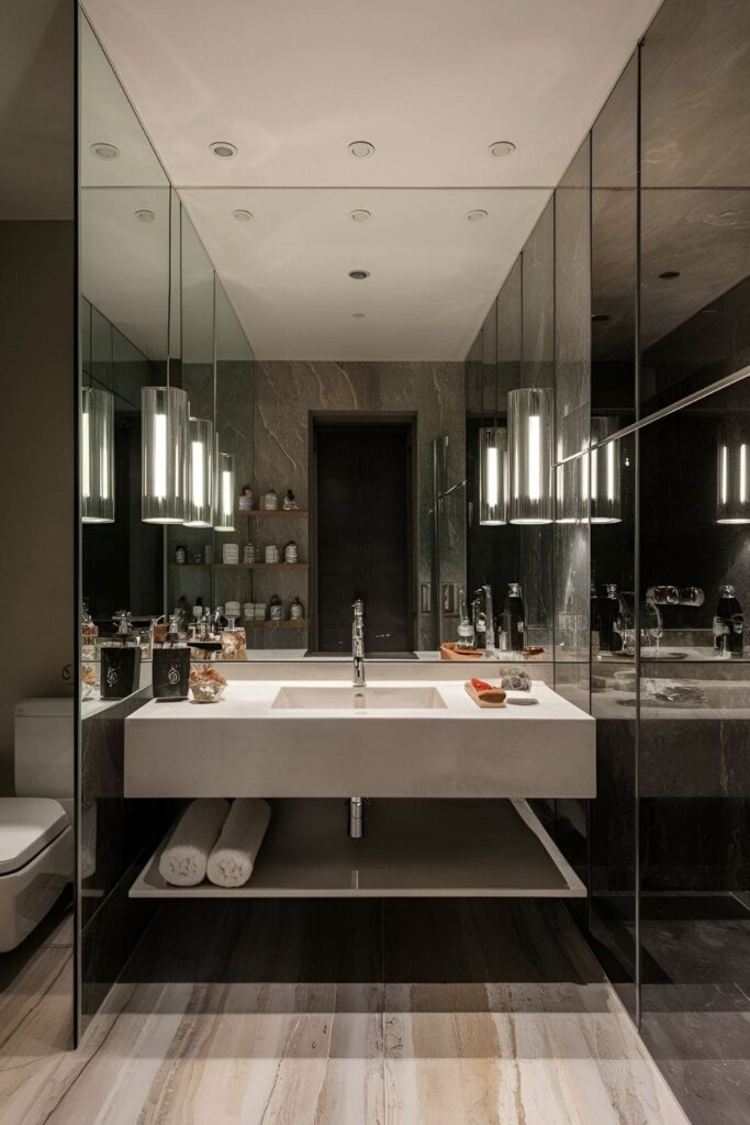 Luxurious mirrored wall panels reflecting light, making a modern bathroom appear larger