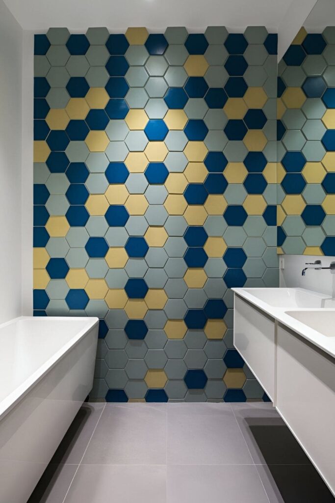 Modern bathroom wall with a hexagon tile accent, featuring geometric patterns in vibrant colors