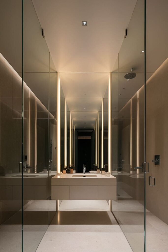 Modern bathroom with recessed lighting around a vanity mirror and shower area, creating a clean and subtle ambiance