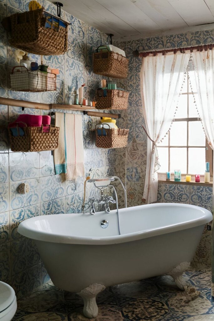 Rustic or boho-style bathroom with hanging storage baskets on hooks, organizing toiletries and accessories