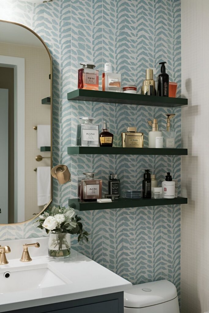 Sleek his and hers bathroom shelves mounted on the wall, holding personal items like colognes, perfumes, and grooming products