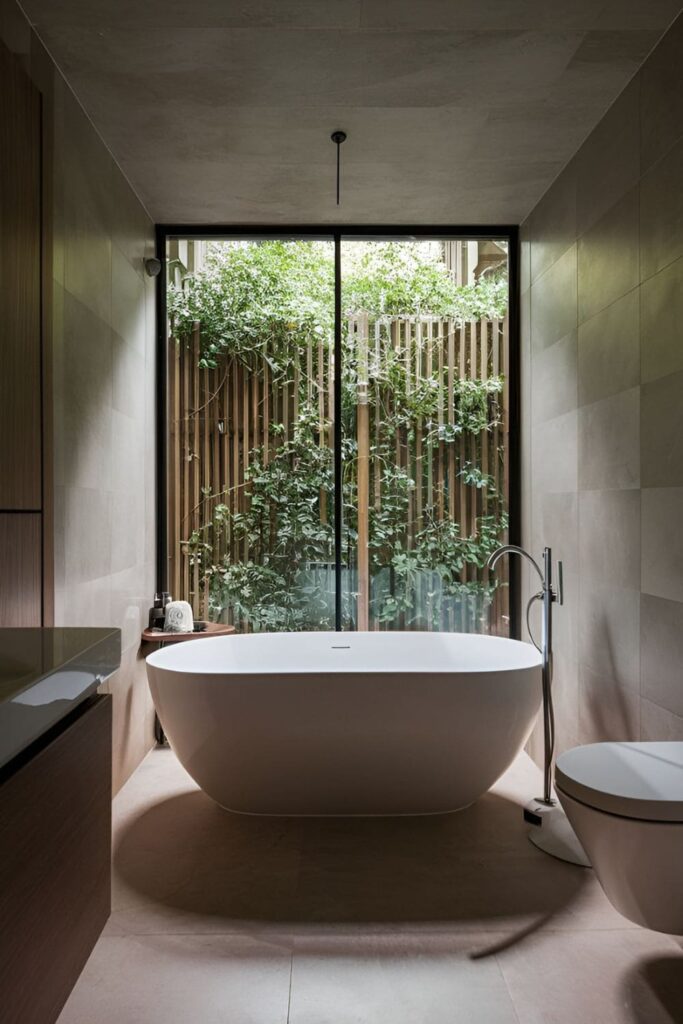 Small bathroom with a sleek, modern compact bathtub in a minimalist design