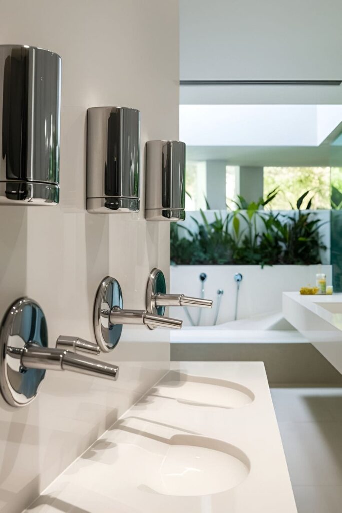 Stylish bathroom featuring wall-mounted soap, shampoo, and conditioner dispensers above a white countertop