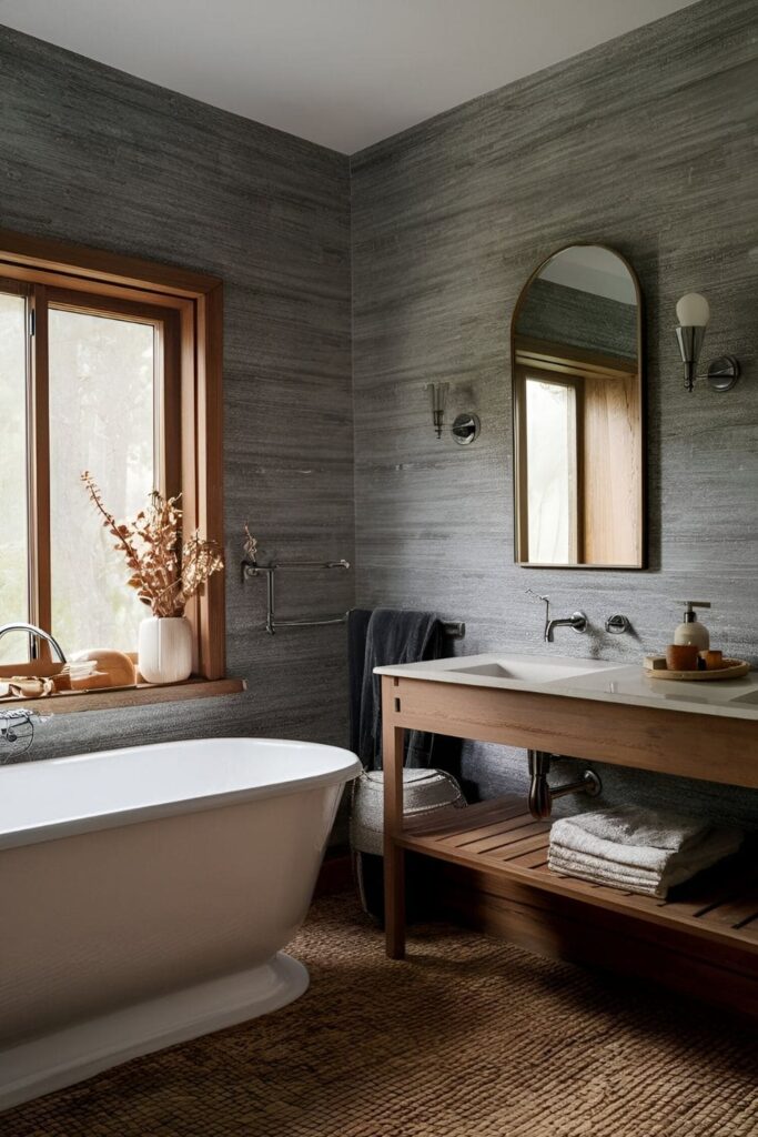 Textured wall coverings like grasscloth or fabric, creating a cozy, tactile feel in a bathroom