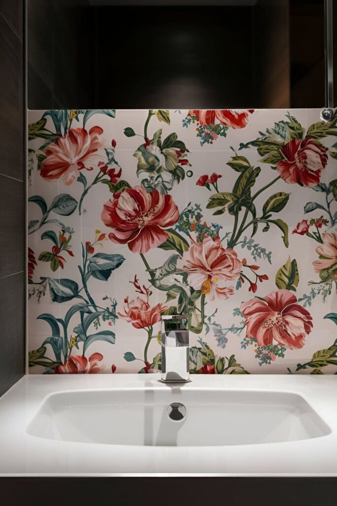 bathroom sink area featuring a removable backsplash made of stick-on tiles, protecting the wall and adding a stylish touch to the decor