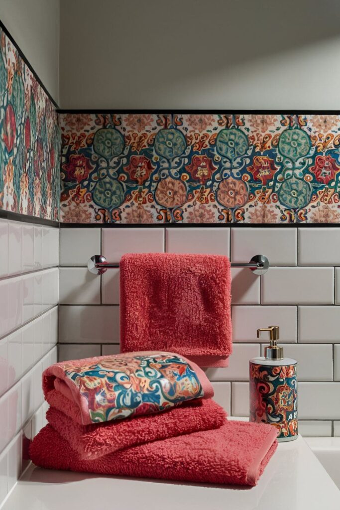 bathroom wall decorated with a removable wallpaper border in a colorful pattern, enhancing the space without a full-wall commitment