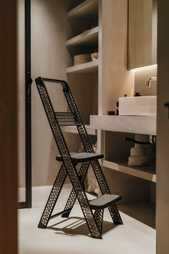 decorative folding step stool in a bathroom, designed to be both functional for reaching high shelves and stylish as an accent piece