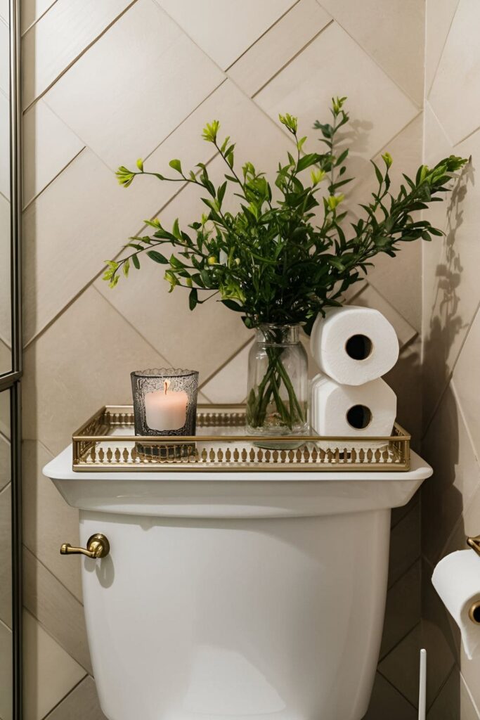 decorative tray placed on top of a toilet tank, holding candles, a small plant, and extra rolls of toilet paper, adding style and functionality