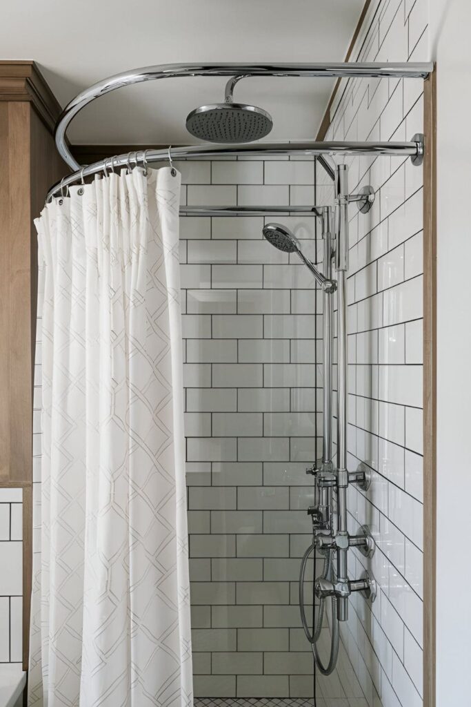 stylish shower curtain rod, either curved or decorative, installed in a bathroom, providing extra flair and space in the shower area