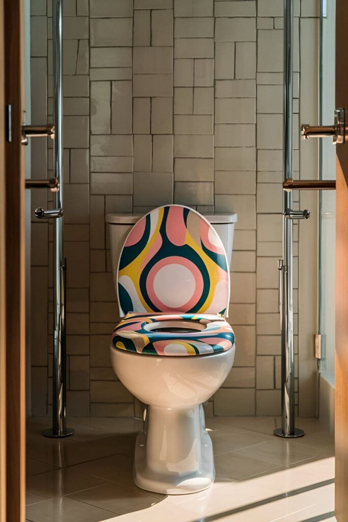 toilet with a decorative seat cover featuring a unique pattern, adding a pop of color and style to the bathroom decor