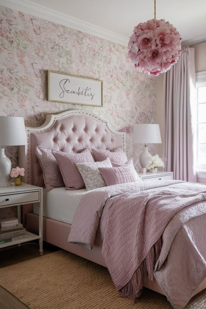 A bedroom featuring a pastel-colored tufted upholstered headboard paired with matching bedding