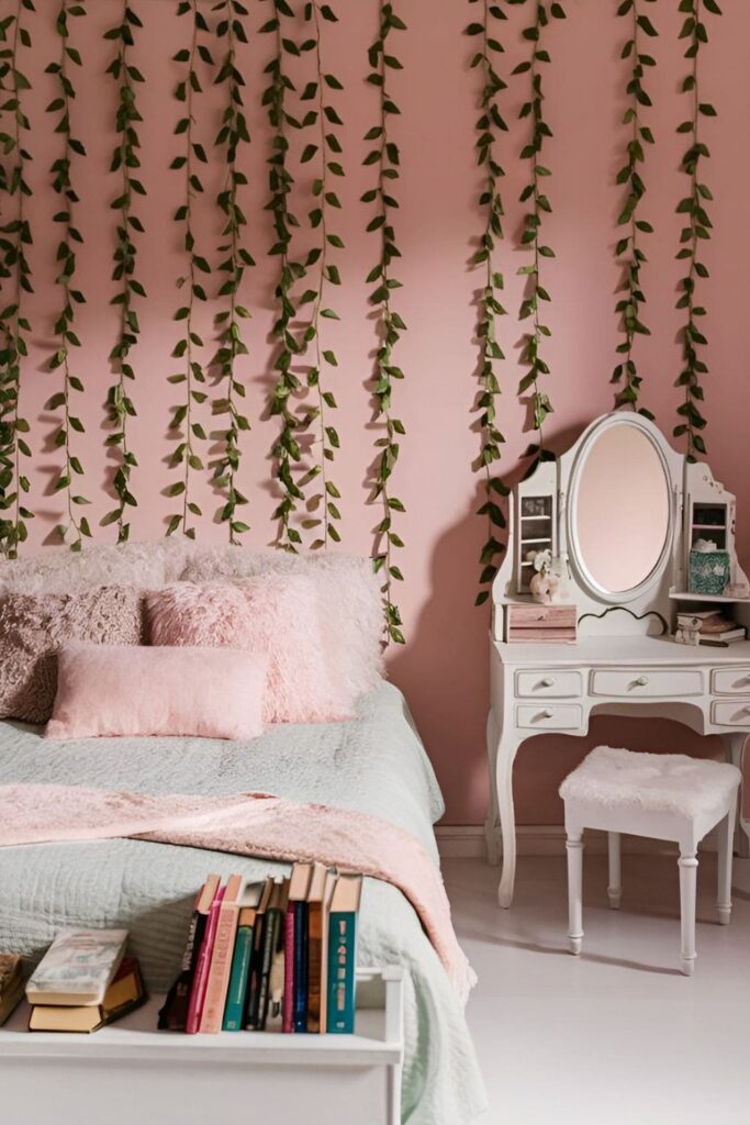 A bedroom with a hanging garden wall featuring small plants and soft lighting for an organic look