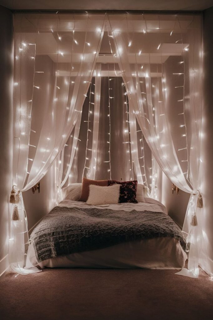 A bedroom with curtain lights behind sheer curtains creating a soft glowing effect and magical atmosphere