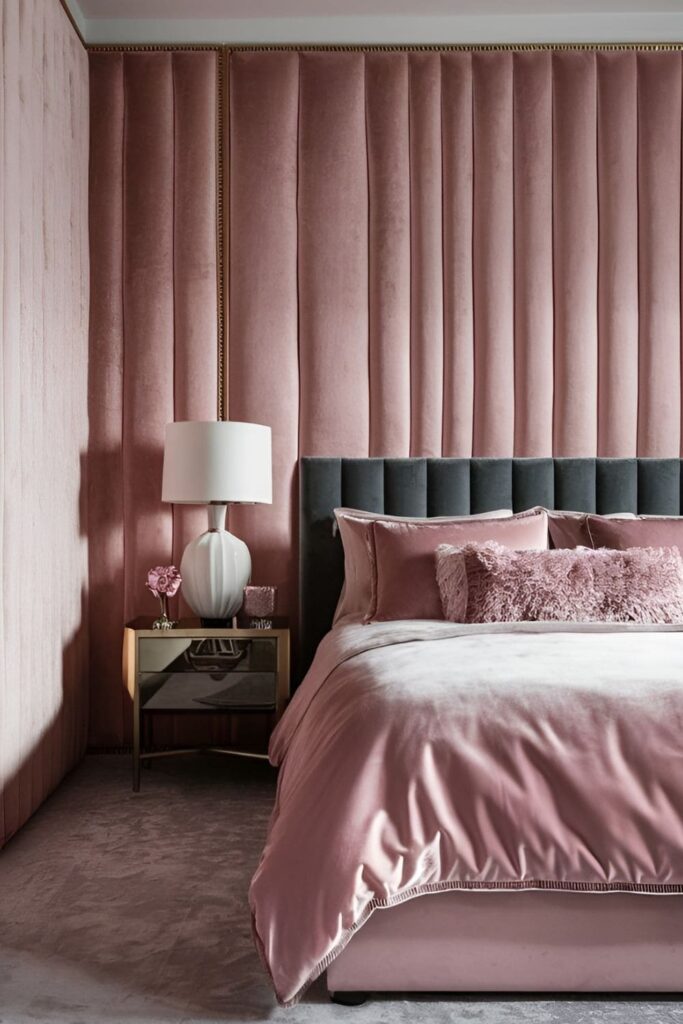 A bedroom with velvet-upholstered walls in blush pink or lavender adding a soft luxurious touch