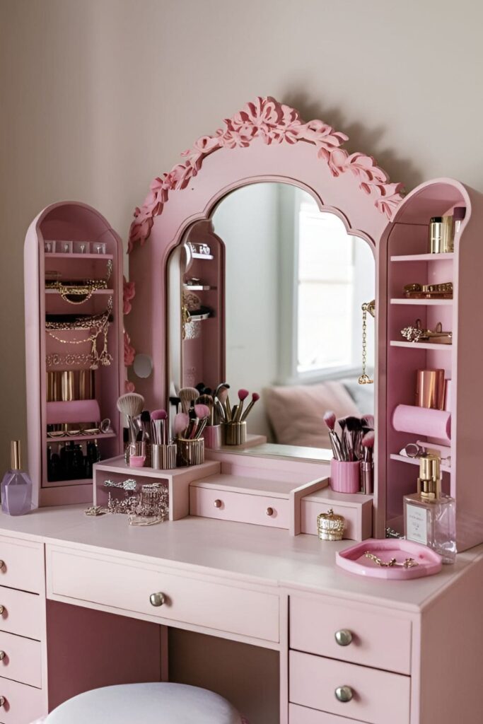 A chic vanity set with a large mirror, light-colored finish, and makeup brushes arranged stylishly