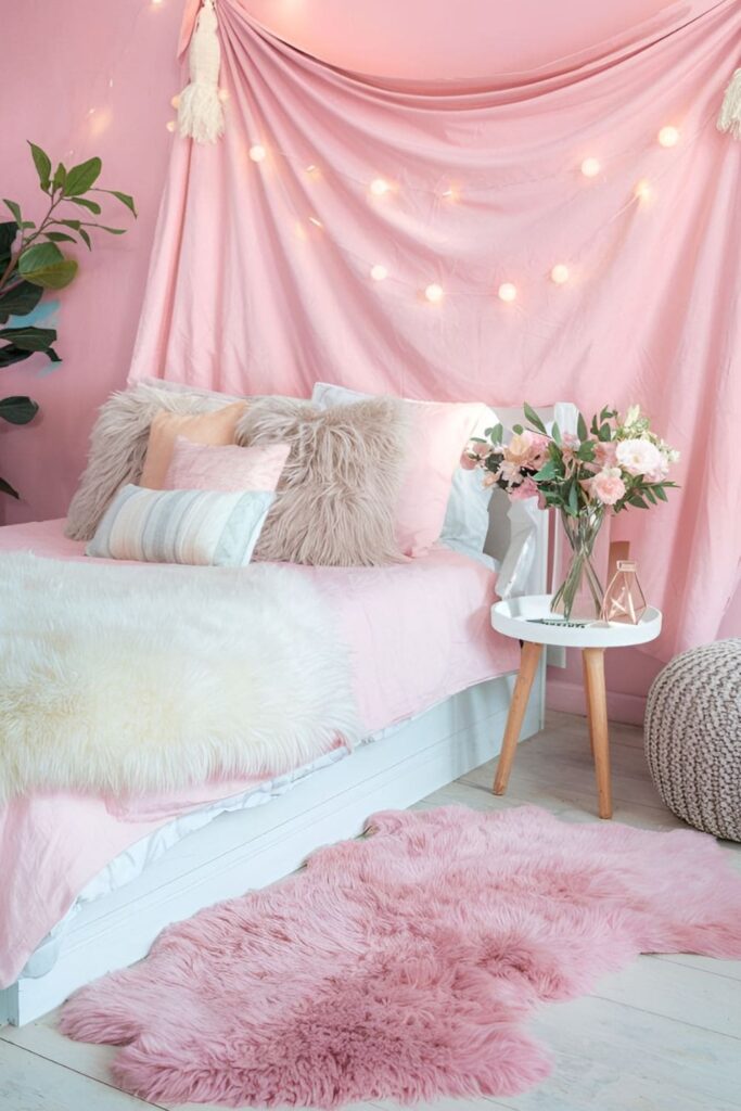 A cozy bedroom with a plush faux fur rug next to a bed decorated with soft pastel colors and pillows