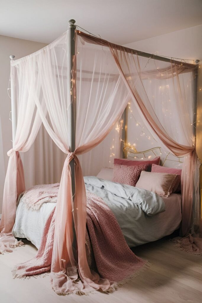 A dreamy bedroom with a canopy bed draped in sheer fabric, pastel bedding, and fairy lights