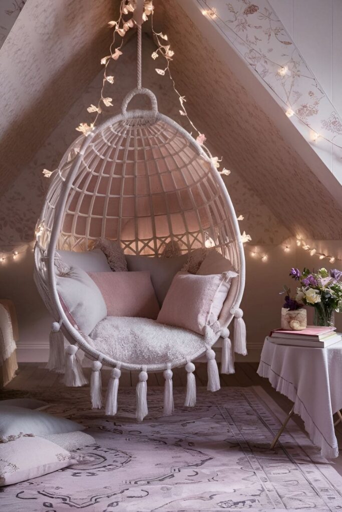 A fun bedroom with a hanging chair in soft pastel colors creating a cozy and playful reading nook