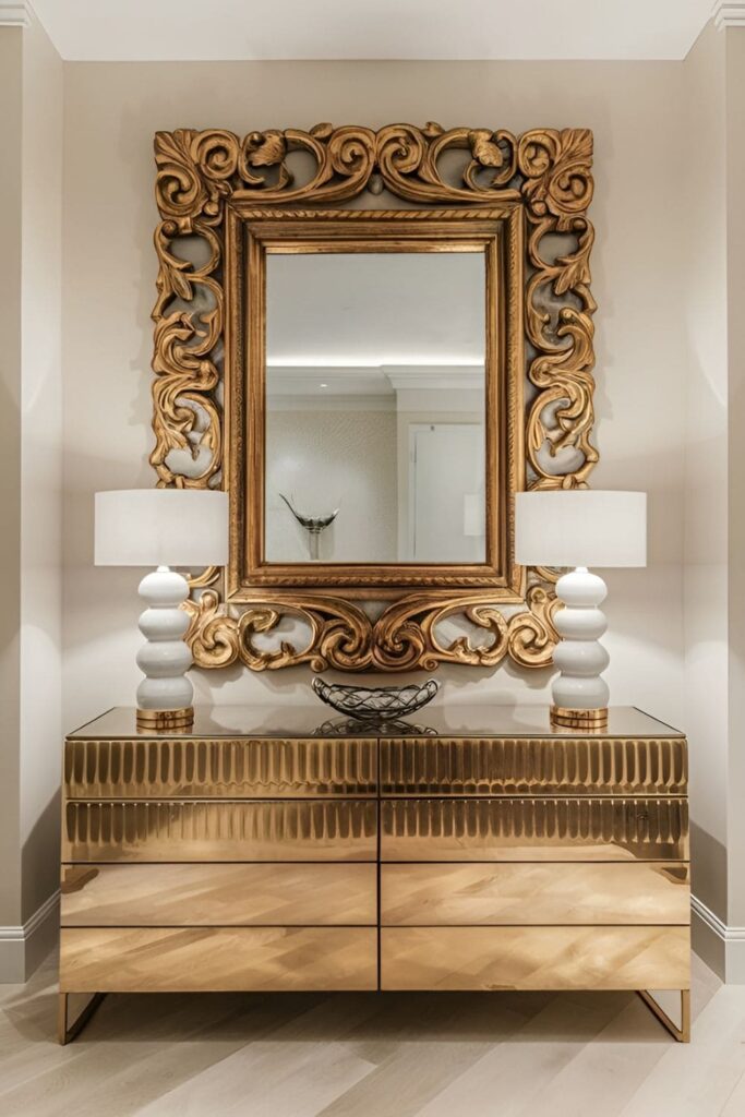 A glamorous bedroom featuring a large ornate mirror with a gilded frame above a chic dresser