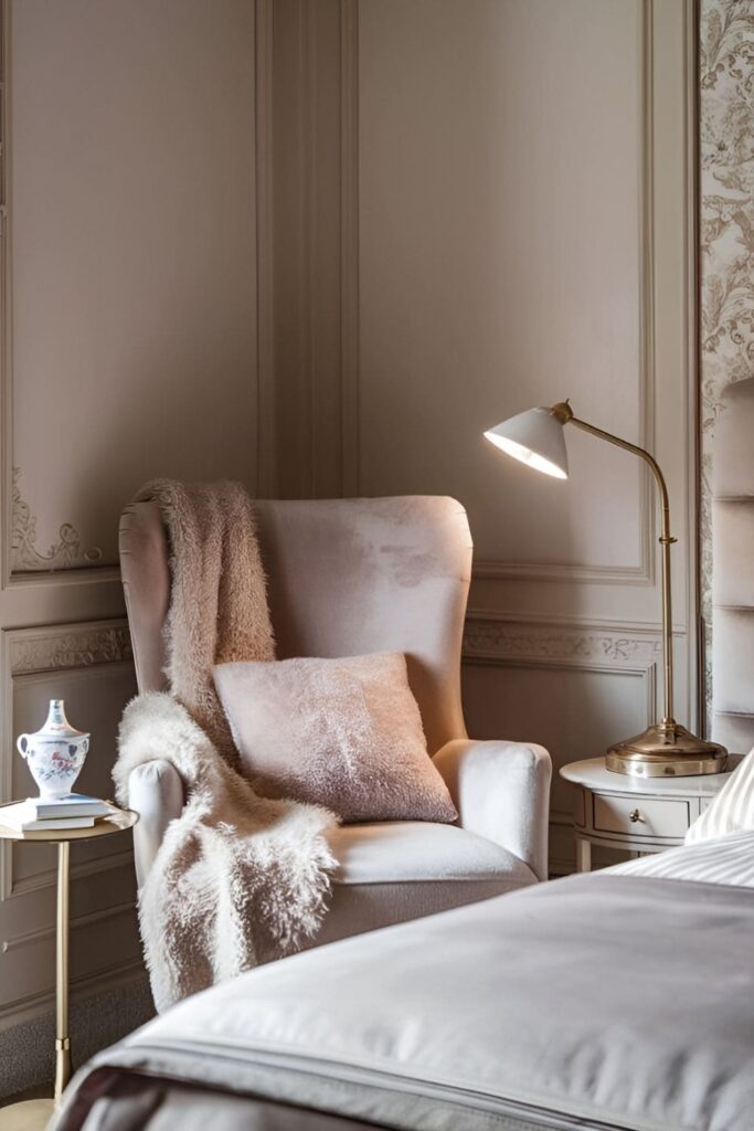 A luxurious bedroom corner with a velvet-upholstered chair paired with a fluffy throw and side table