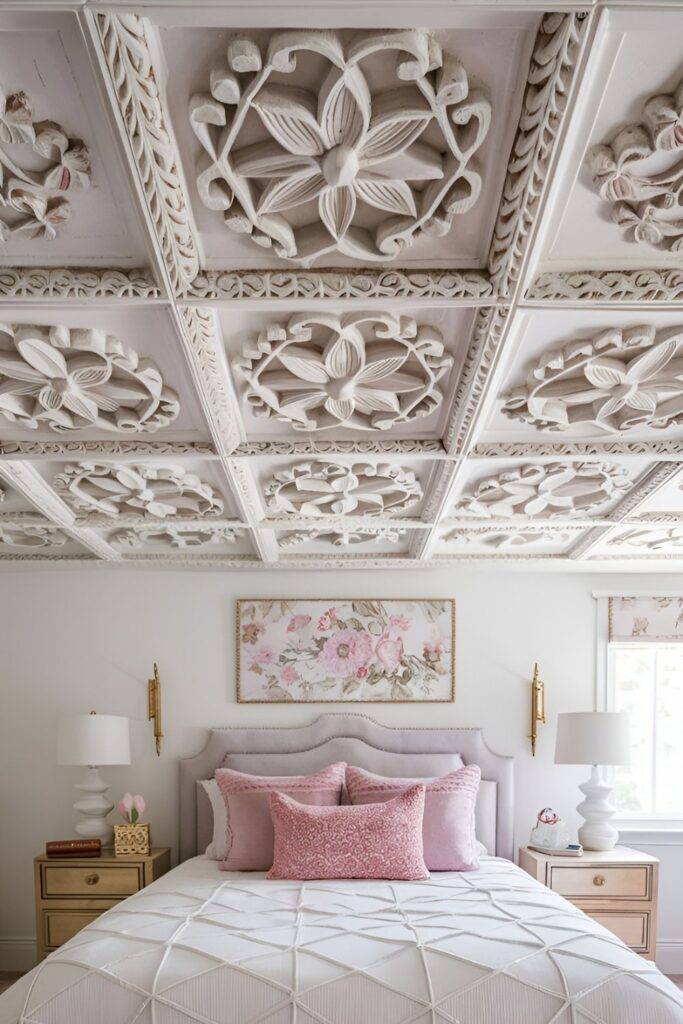 A luxurious bedroom with intricately carved floral or geometric ceiling panels in soft pastel tones