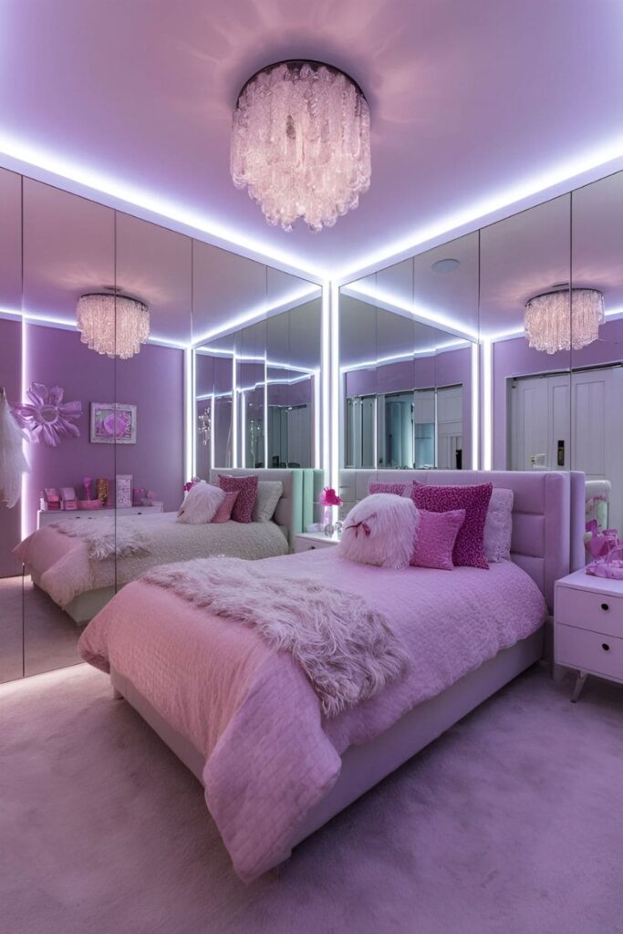 A mesmerizing bedroom with an infinity mirror wall creating an endless reflective space