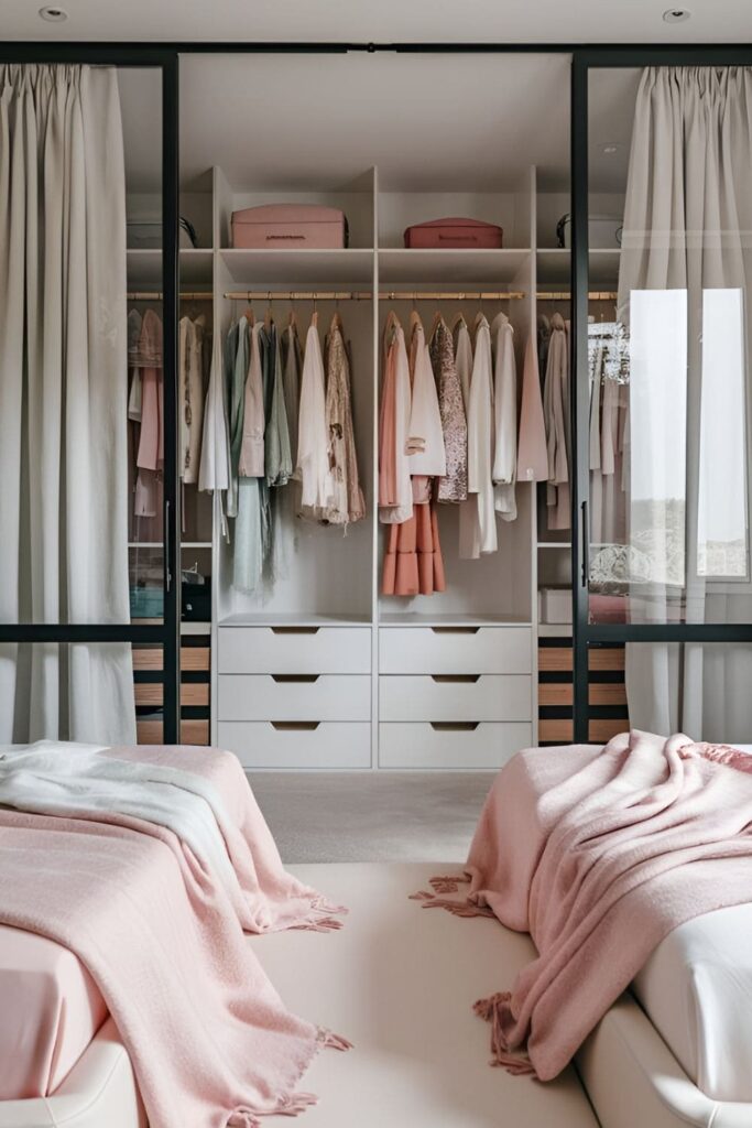 A modern bedroom with a sleek wardrobe featuring glass doors displaying pastel clothes and accessories