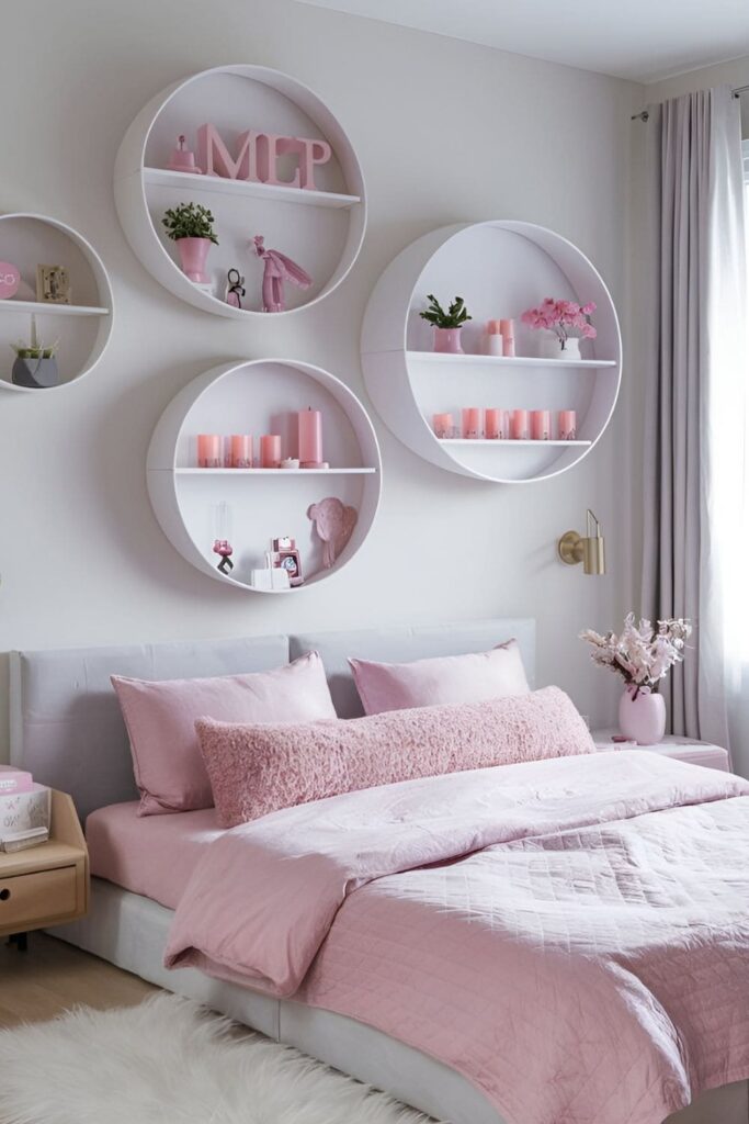 A modern bedroom with circular shelves displaying small plants, candles, and personal trinkets