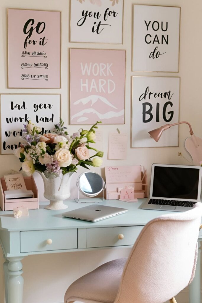 A pastel-colored desk setup with stylish accessories, a soft chair, and motivational prints