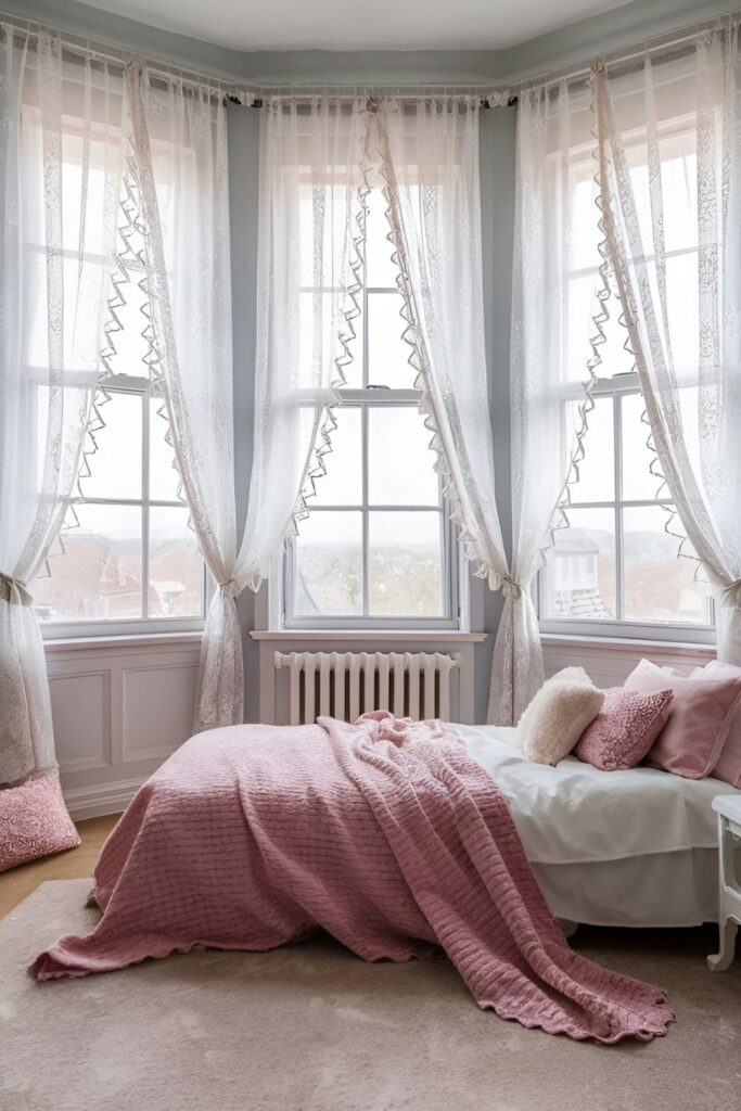 A soft, feminine bedroom featuring lace curtains filtering light for a dreamy, vintage-inspired feel