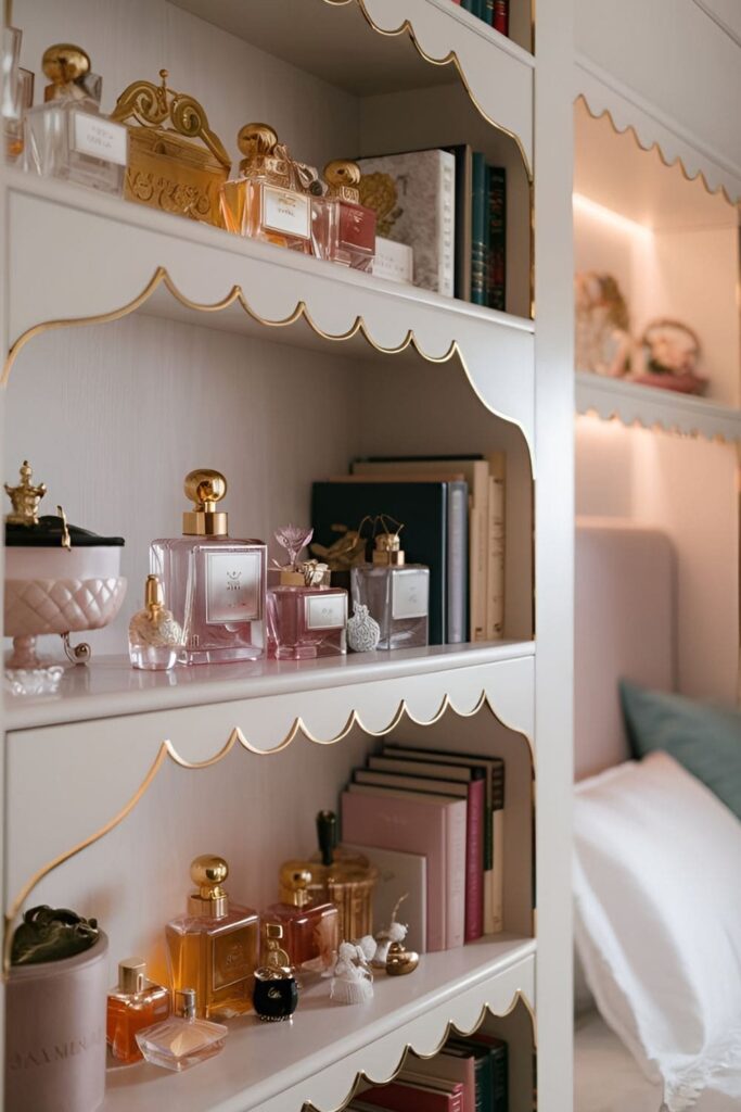 A stylish bedroom with delicate shelves adorned with perfumes, books, and small trinkets