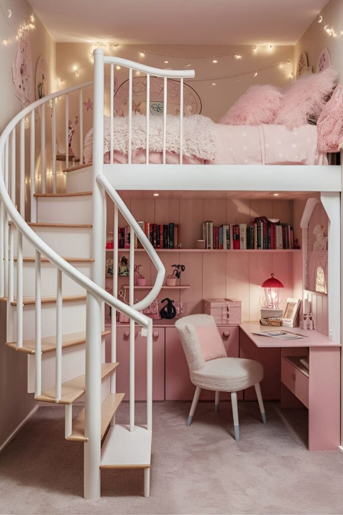 A whimsical bedroom with a spiral staircase leading to a loft bed with a cozy nook below