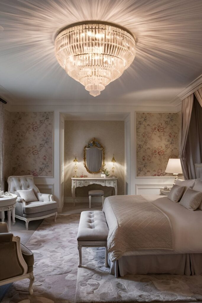 An elegant bedroom with a sparkling crystal chandelier casting light over a sophisticated room