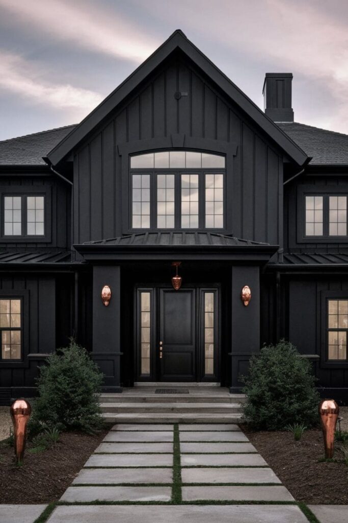 A black house featuring copper accents for a luxurious, polished look